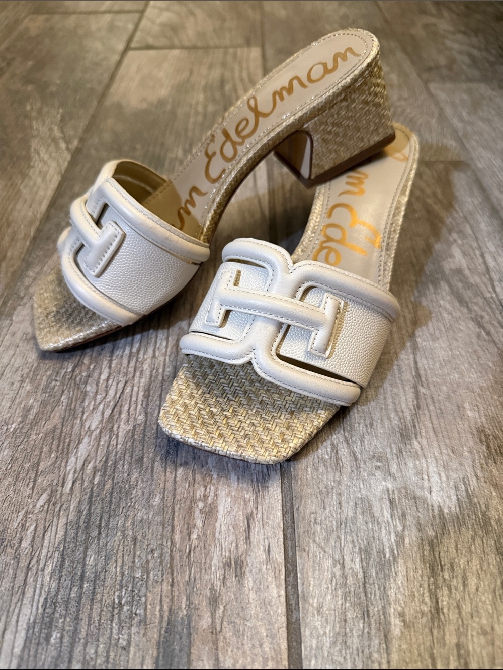 Sam Edelman White Leather Woven Block Heel Mules worn twice